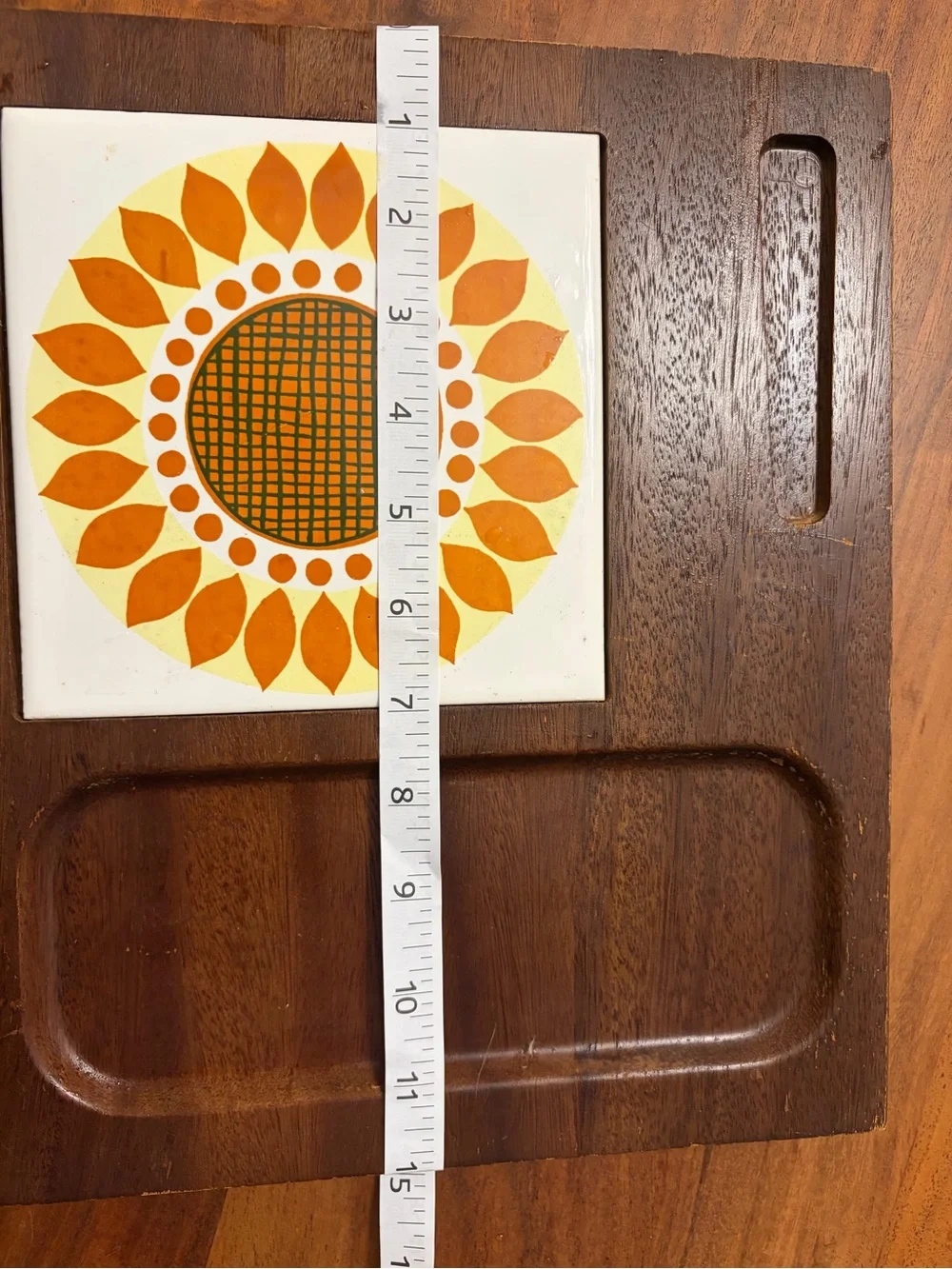 Wooden Serving Tray with Orange Sunburst Tile